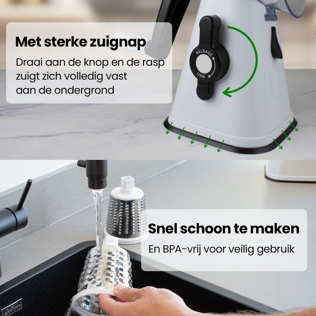 Nimma Trommelreibe - Inklusive 3 Aufsätzen und Spiralschneider - geeignet als Käsereibe und Reibe - Weiß