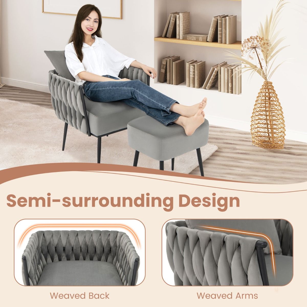 coast Modern Dutch Velvet Side Chair and Footstool Set - Grau - 66x65x80 cm | 46x35x45,5 cm