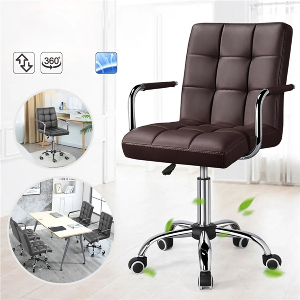 Yaheetech Bürostuhl mit verstellbarer Sitzhöhe - 55 x 60,5 x 86,5-102 cm - Ausgestattet mit bequemer Schaumstoffpolsterung und schalldämpfenden Rädern und verzinktem Metallrahmen - Für Büro und Heimarbeitsplatz - Braunes Kunstleder und Metall