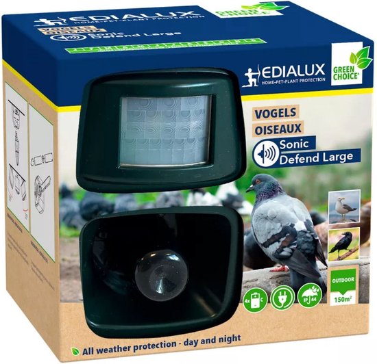 Edialux Sonic Defend Large Vogelabwehr, Vogelabwehr mit Vogelstimmen, Taubenabwehr, vertreibt Krähen, Stare, Möwen, vertreibt bis zu 150m², funktioniert mit Batterien oder Netzstrom, für Garten, Gemüsegarten, Obstbäume