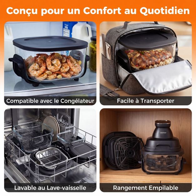 Coast Airfryer 4L – Heißluftfritteuse mit Glasgehäuse – 1500 W – Zwei stapelbare Frittierkörbe – Deckel – Thermostat bis 220 °C – Schwarz