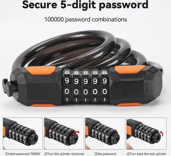 Garpex® Bicycle Lock Digit Lock - Digit Lock Fahrrad oder Elektroroller - Kabelschloss Vorhängeschloss - Schwarz mit Bügelbefestigung