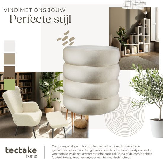 tectake - Hocker mit Ablage - Scandi Hocker Samtstoff - Runder gepolsterter Hocker für Frisiertisch, Schlafzimmer, Wohnzimmer oder als Flurmöbel - Ablagehocker - creme