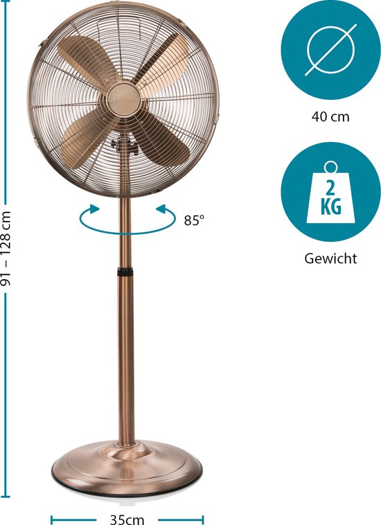 Tristar Retro Stativventilator 40 cm – 50 W – 3 Geschwindigkeitsstufen – 85° Schwenkbereich – Mit Höhenverstellung – Kupferfarben – VE-5971