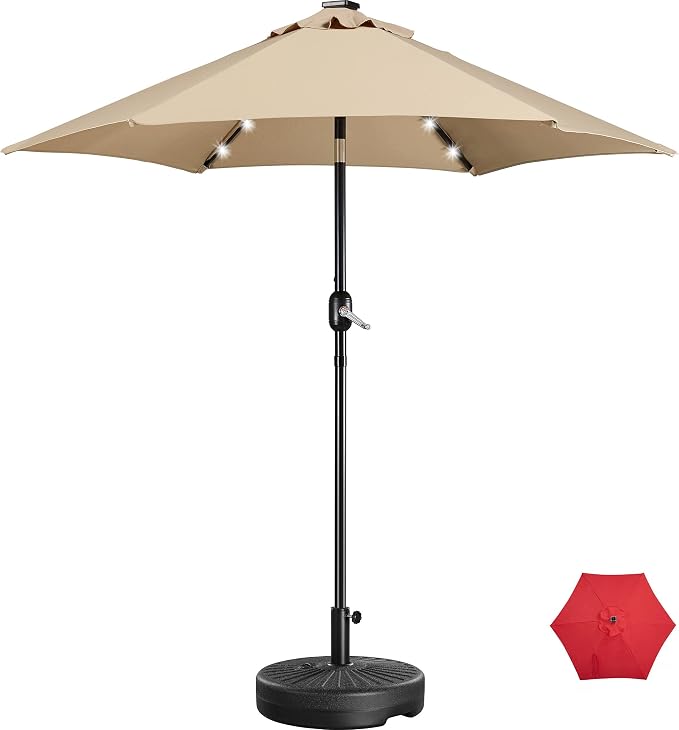Yaheetech Solar-Sonnenschirm Ø 230 cm mit befüllbarem Sockel – Beige – Gartenschirm mit 18 LED-Lämpchen, Lichterkette und Neigungsfunktion