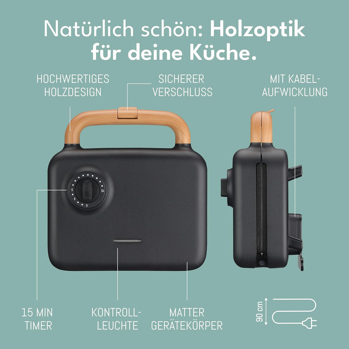 Lebenlang Sandwichmaker 3-in-1 - 23,9 × 23 × 12,2 cm - 750 W - Schwarz - Sandwich - Waffel - Grill