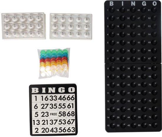 Schwarze Bingo-Maschine mit Spielbrett, Bingo-Karten und Spielmarken