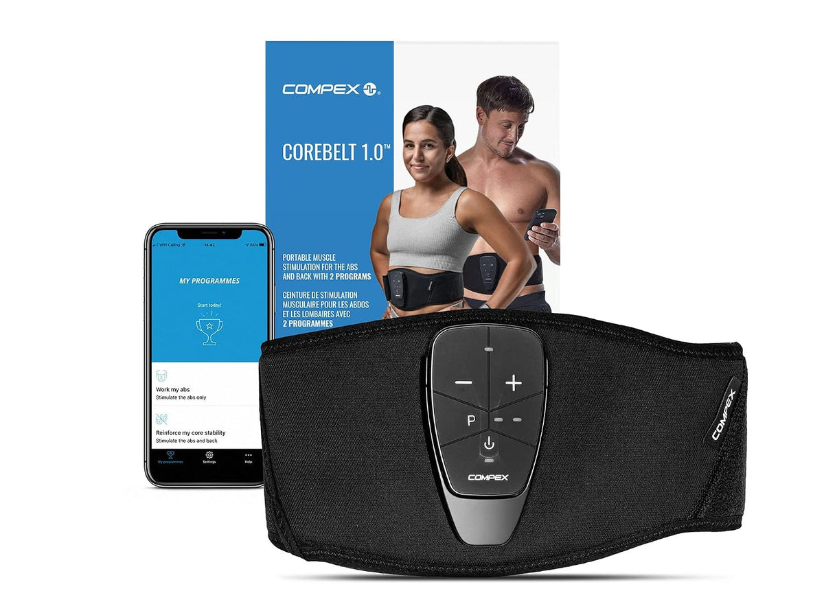 Compex Corebelt 1.0 Elektrostimulationsgürtel – 2 Programme – Bauchmuskeln und unterer Rücken – S/M (65–85 cm) – Schwarz