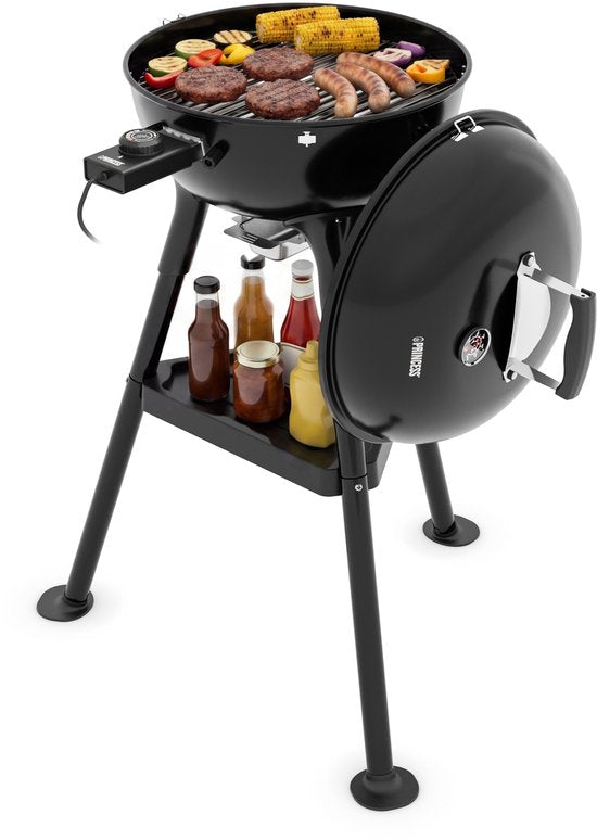 Princess Hybrid Kugelgrill – Elektro- und Holzkohlegrill – 2000 W – Verstellbarer, abnehmbarer Thermostat – Beschichteter Grillrost – Deckel mit integriertem Thermometer – 112270