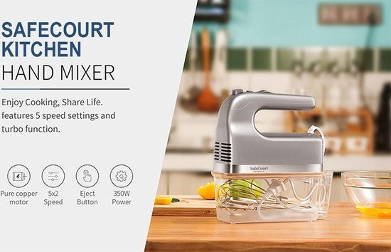 Safecourt Kitchen - Handmixer - Turbo-Funktion - Quirl & Knethaken & Schneebesen - Stahl - Silber