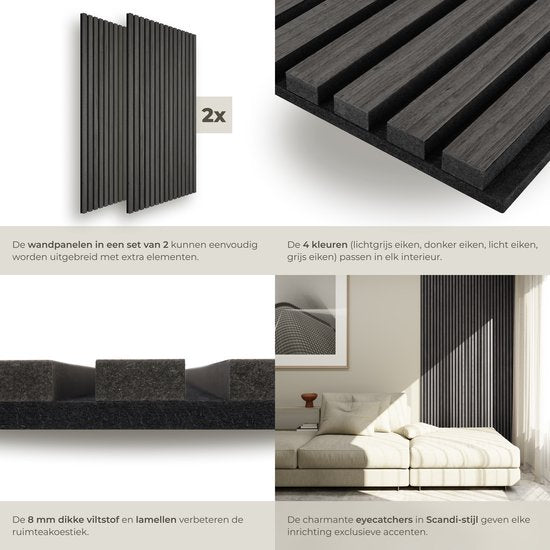 tectake® Akustikplatten – 2er-Set – Akustik-Wandplatte – 60 x 120 cm – 1,44 m² – Wandpaneele mit anpassbarer Größe – Lattenwand aus MDF und Holzfurnier – Schalldämmung – Stilvolle Wanddekoration – Einfache Montage – Schwarze Eiche