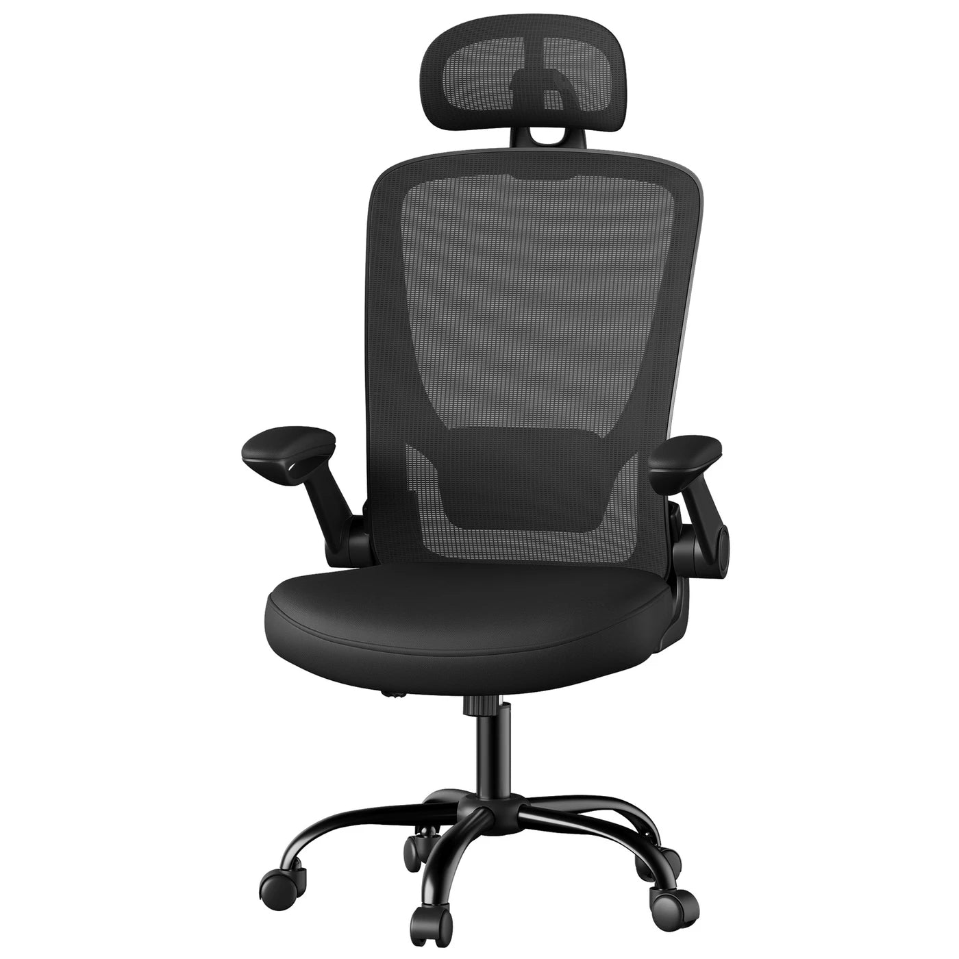 Joyfurnos Ergonomischer Bürostuhl aus Netzgewebe – Verstellbare Lendenwirbelstütze und Kopfstütze – Neigungsfunktion – 64 x 64 x 115–130 cm – Tiefschwarz