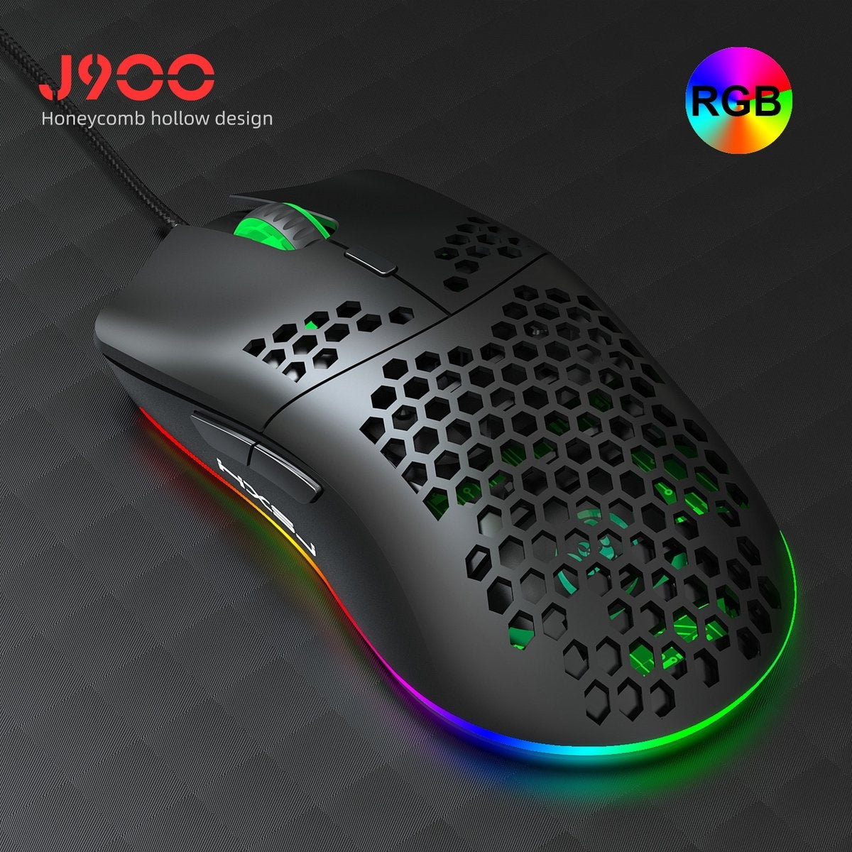 HXSJ J900 Optische Gaming-Maus - Ultraleicht - RGB-Beleuchtung - 6400 DPI - Schwarz