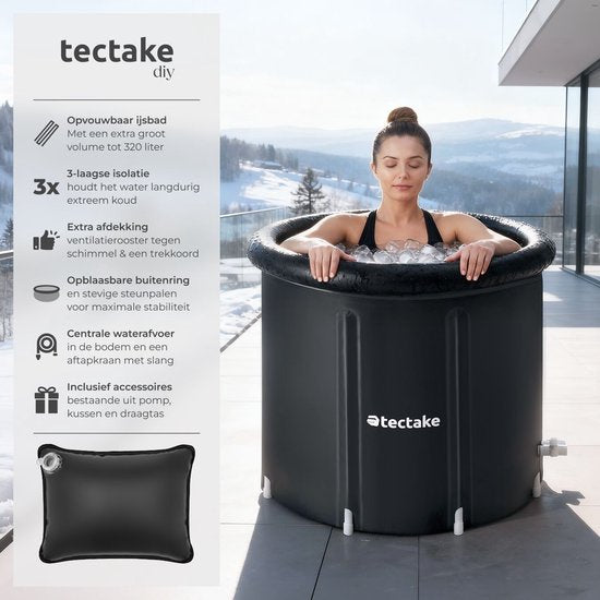 tectake® Eisbad Helsinki – Ice Bath – Sitzbad – Ø 75 x 75 cm – 320 Liter – Zusammenklappbarer Eistonnen mit Aluminiumrahmen und Abdeckung – 3-fach isoliert – Tauchbad inklusive Tragetasche, Wasserkissen und Pumpe