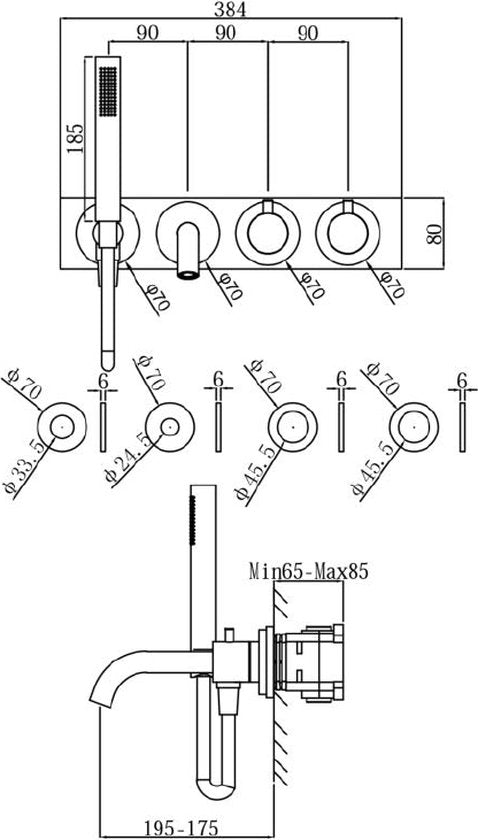 Regn Thermostat-Komplettset für Badewannen, mattschwarz