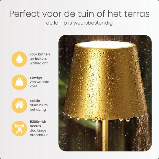 Goliving Tischlampe Wiederaufladbar - Kabellos und dimmbar - Moderne Touch-Lampe - Nachtlampe für das Schlafzimmer - 38 cm - Gold