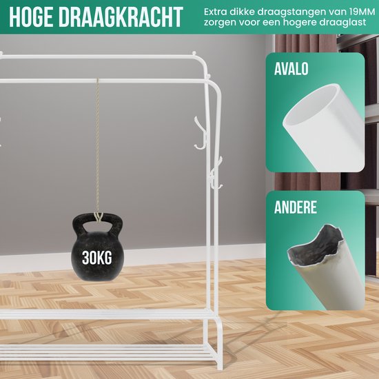 Avalo Industrieller Kleiderständer Doppelstab - Metall - 110x33x150 CM - Weiß - Aufbewahrung für Schuhe - Garderobenständer mit Haken