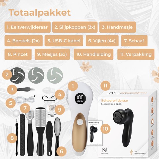Nuvance Elektrischer Hornhautentferner – inkl. 3 Scheiben – Hornhautentferner – 12-teiliges Pediküre-Set – Fußfeile – über USB aufladbar – Weiß