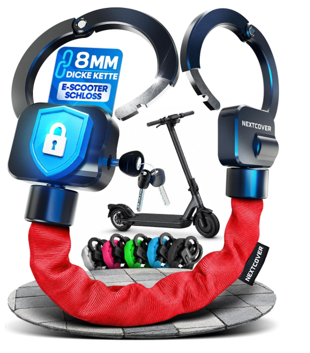NEXTCOVER E-Scooter-Schloss im Handschellen-Design – 90 cm – Rot – legierter Stahl – 3 Schlüssel