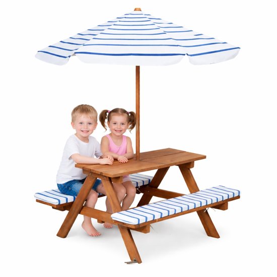 Pro Garden Picknicktisch für Kinder – blau/weiß – 75 x 75 cm – Holz/Polyester – inkl. Sonnenschirm – inkl. 2 Kissen – Gartenset
