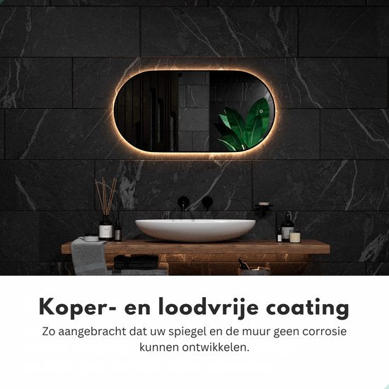 Mirlux Badezimmerspiegel mit LED-Beleuchtung & Heizung - Wandspiegel Oval - Schwarzer Rahmen - 100x50CM