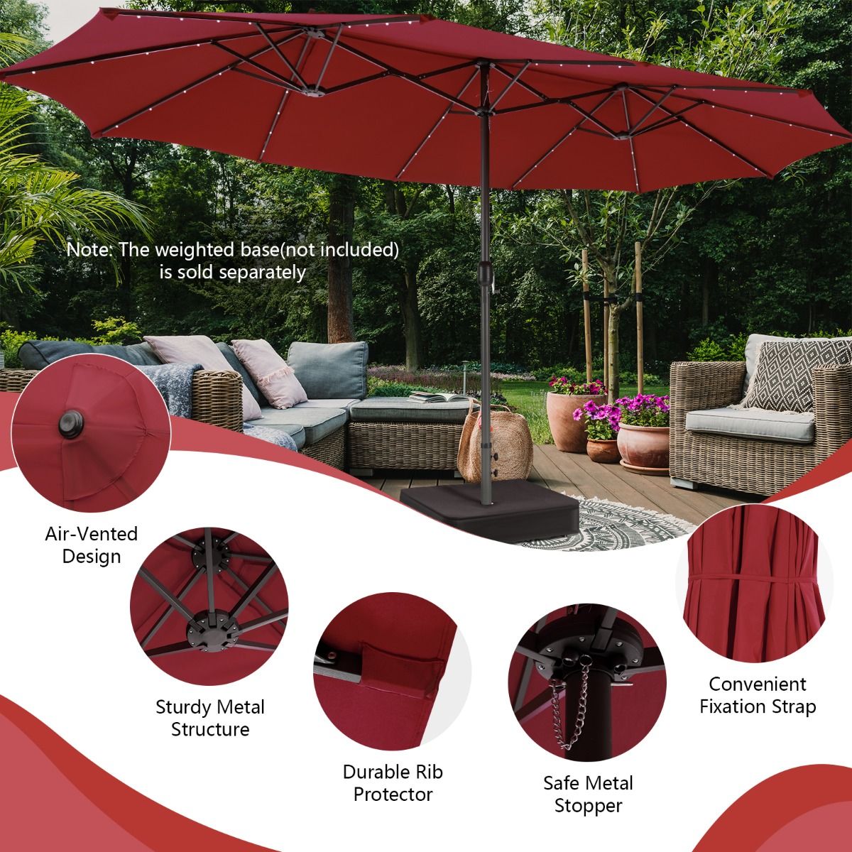 Coast Doppel-Sonnenschirm – 48 solarbetriebene LED-Leuchten – Handkurbel – weinrot 470 x 280 cm