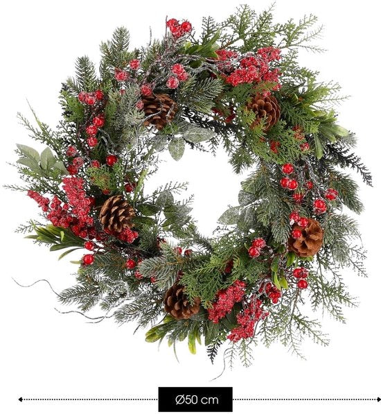 Mica Decorations Randell Weihnachtskranz – Weihnachtsdekoration mit Schneeeffekt – Einfach aufzuhängender Türkranz – Dekoration mit Beeren und Tannenzapfen – Ø 50 cm – Rot