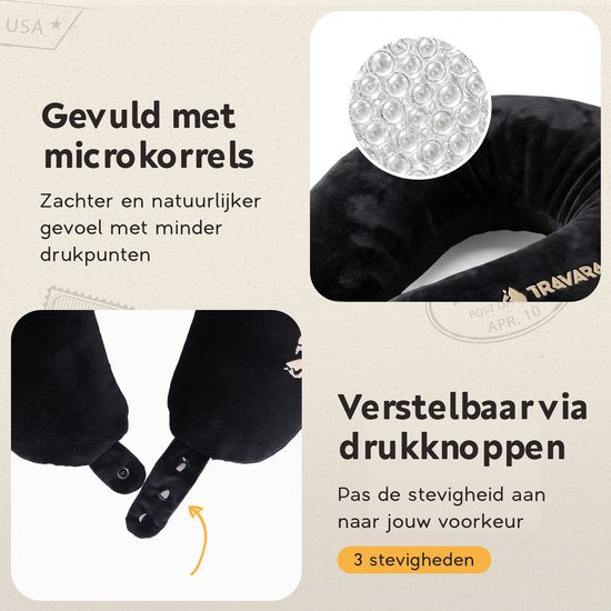TRAVARA Nackenkissen „The Snuggo“ – Reisekissen mit Mikroperlen für Flugzeug und Auto – Travel Pillow – Schwarz
