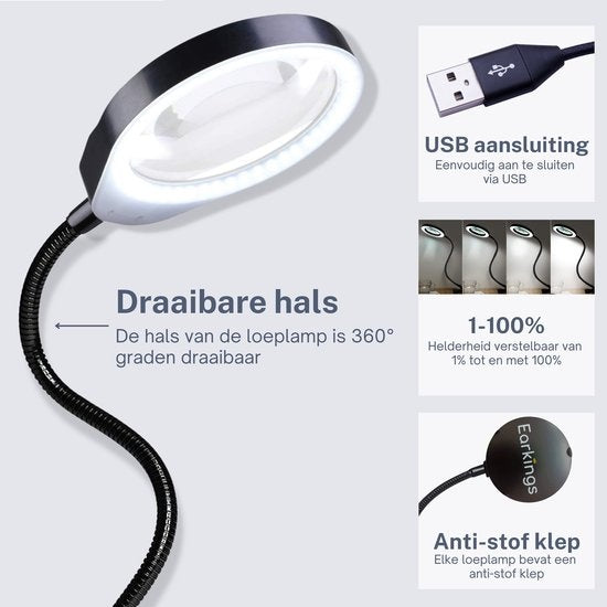 Lupe - Lupe mit LED-Licht - Für Kinder/Erwachsene/Senioren/Lesen/Zeichnen/Hobby mit Tischklemme - Lupe mit Beleuchtung Earkings