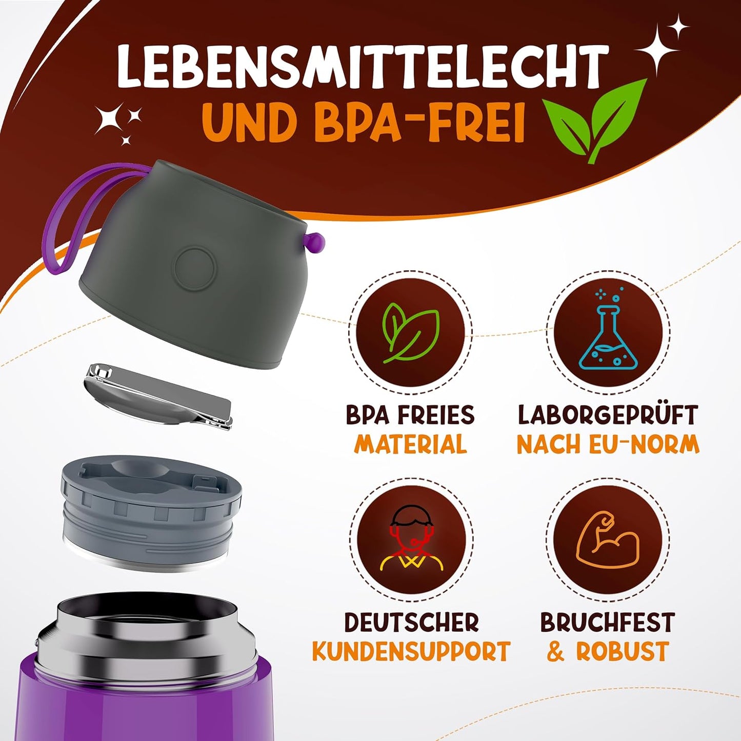 Funkelfuchs® Babykost Thermobecher - 500ml, lila Prinzessin - 100% auslaufsicher - Edelstahl Thermobecher - Thermobecher - Thermolunchbox - Babynahrung