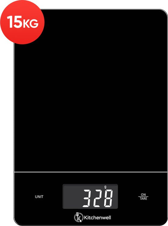 Kitchenwell Digitale Präzisions-Küchenwaage - Küchenwaage - 1gr - 15kg - Tara-Funktion - Schwarz