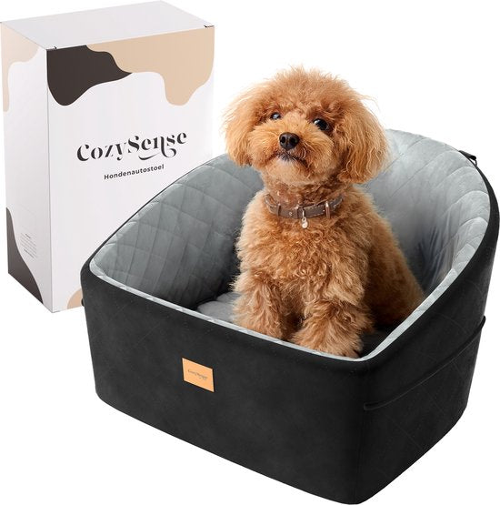 CozySense® Hundeautositz - Hundekorb für kleine Hunde - Vorder- und Rücksitz - mit Sicherheitsgurt, Staufach und waschbarem Bezug - Schwarz/Grau