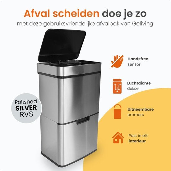 Goliving Automatic Sensor Trashcan 64 Liter - Küchenabfalleimer - Abfalleimer Mülltrennung - Hands-free sensor - Feuchtigkeitsresistent - Schließrand - Langlebiger Edelstahl - 40L + 2x12L + 8L - Silber
