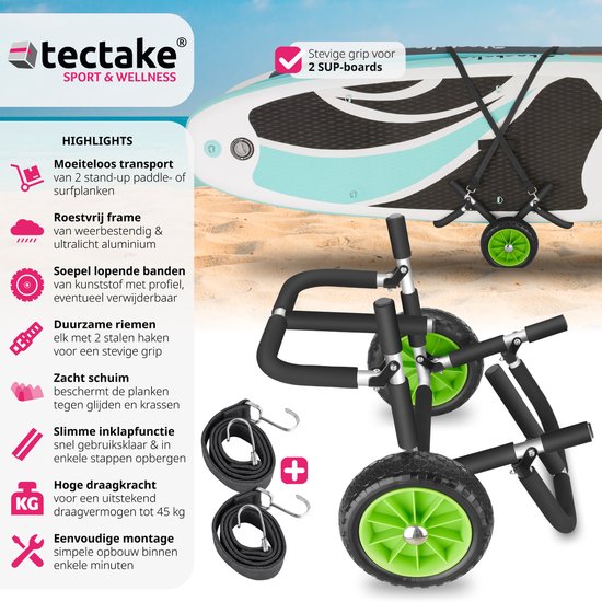 tectake Transportwagen faltbar für Surfbrett- für Stand-up Paddling Board- Kanuboot oder aufblasbares Kajak- Trolley - Buggy für SUP- Surfbrett