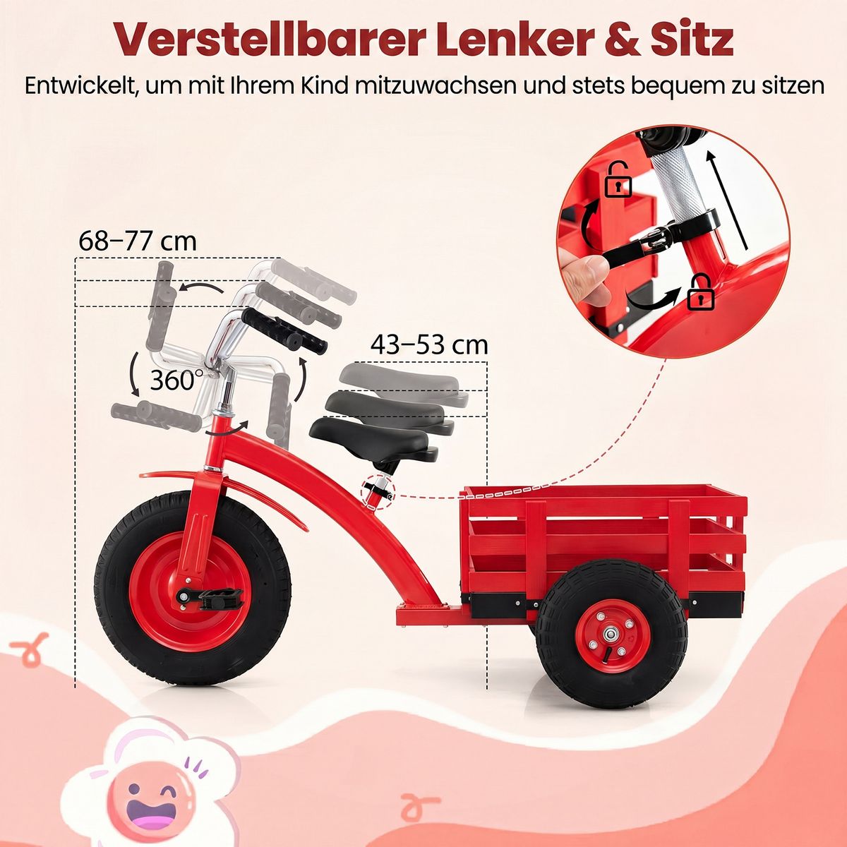 Coast Kinder-Dreirad mit verstellbarem Lenker und Sattel – mit Anhänger – rot