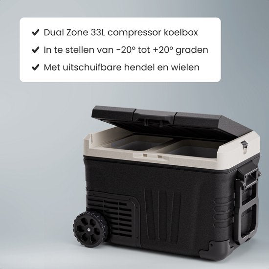 Auronic Electric Cool Box - Kompressor - 2 Zonen - 33L - 12/24V und 240V - Kühlen und Gefrieren - Campingkühlschrank - Frigobox Auto - Mit Rädern und Griff - Schwarz