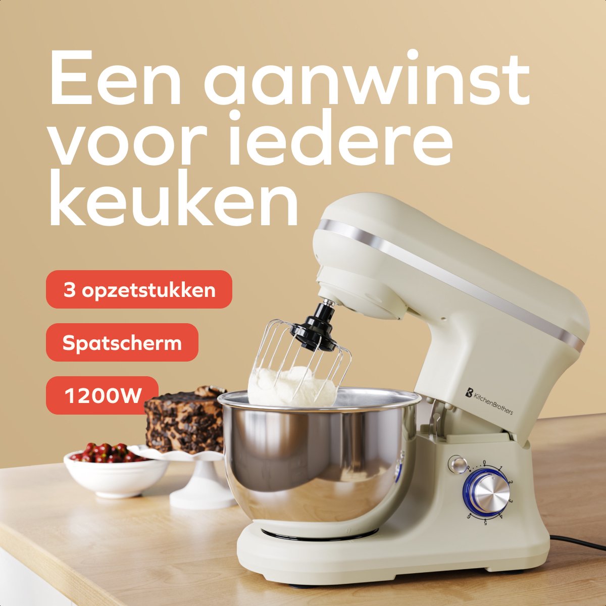 KitchenBrothers Küchenmaschine - 1200W - 5L Rührschüssel - 6 Geschwindigkeiten + Pulse - Küchenroboter mit Knethaken, Schneebesen & Rührhaken - Champagner