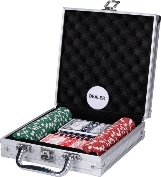Pokerset im Aluminiumkoffer - 100 Pokerchips - Spielkarten - 5 Würfel - Dealer-Chip