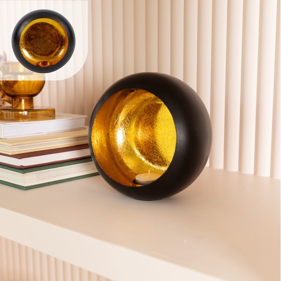 Gadgy Teelichthalter rund - Teelichthalter - Weihnachtsdekoration Wohnzimmer - Stimmungsvolle Lichter im Innenbereich - Kerzenhalter für Teelichter 17x17 cm - Windlicht Metall - Schwarz/Gold - Geschenk für Frauen