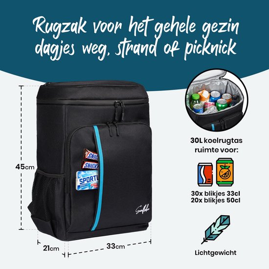 Sunflake Cool Backpack Large 30 Liter - Kühltaschen-Rucksack mit Flaschenöffner - XXL Cool Backpack für Männer & Frauen - Cooler Rucksack - Schwarz