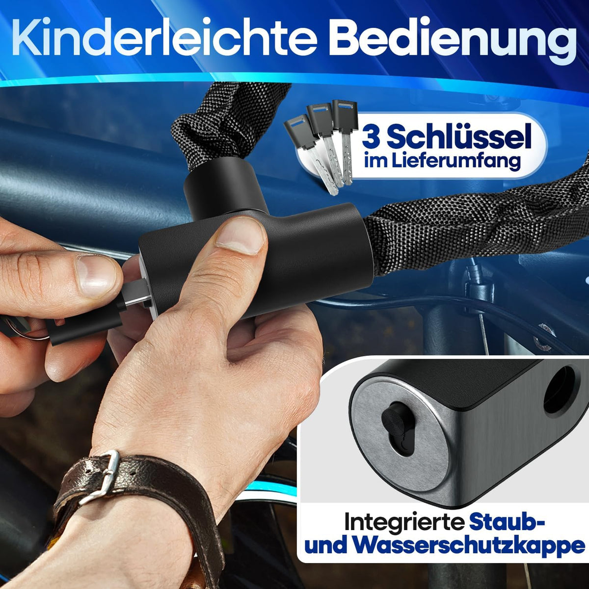 NEXTCOVER® Fahrradschloss LockOne mit Schlüssel I - [SAFE] Fahrradschloss hohe Sicherheit I robustes & langlebiges Kettenschloss Fahrrad I Fahrradschloss, Fahrradschloss 3 Schlüssel