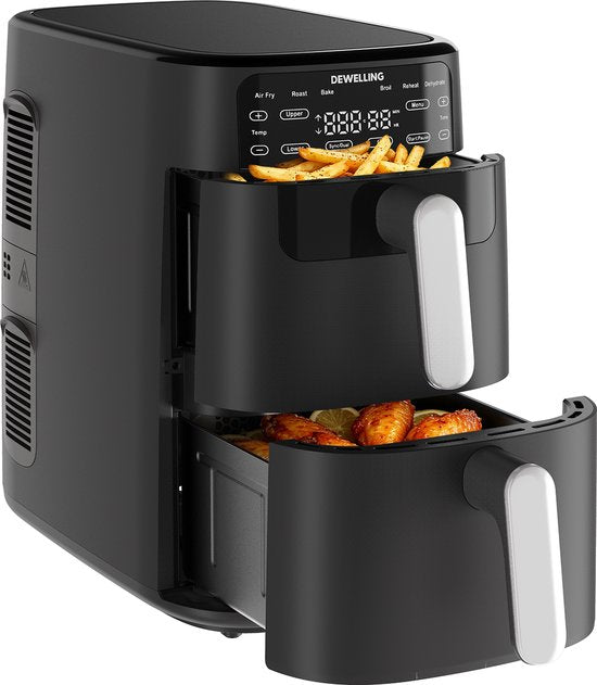 Heißluftfritteuse mit zwei Ebenen – 2700 W, kraftvolles fettfreies Frittieren – 10 l Heißluftfritteuse mit zwei Einschüben und vertikaler Bauweise spart 50 % Platz – 6 Programme – Großes Fassungsvermögen für den Heimgebrauch – Inklusive Rezeptbuch
