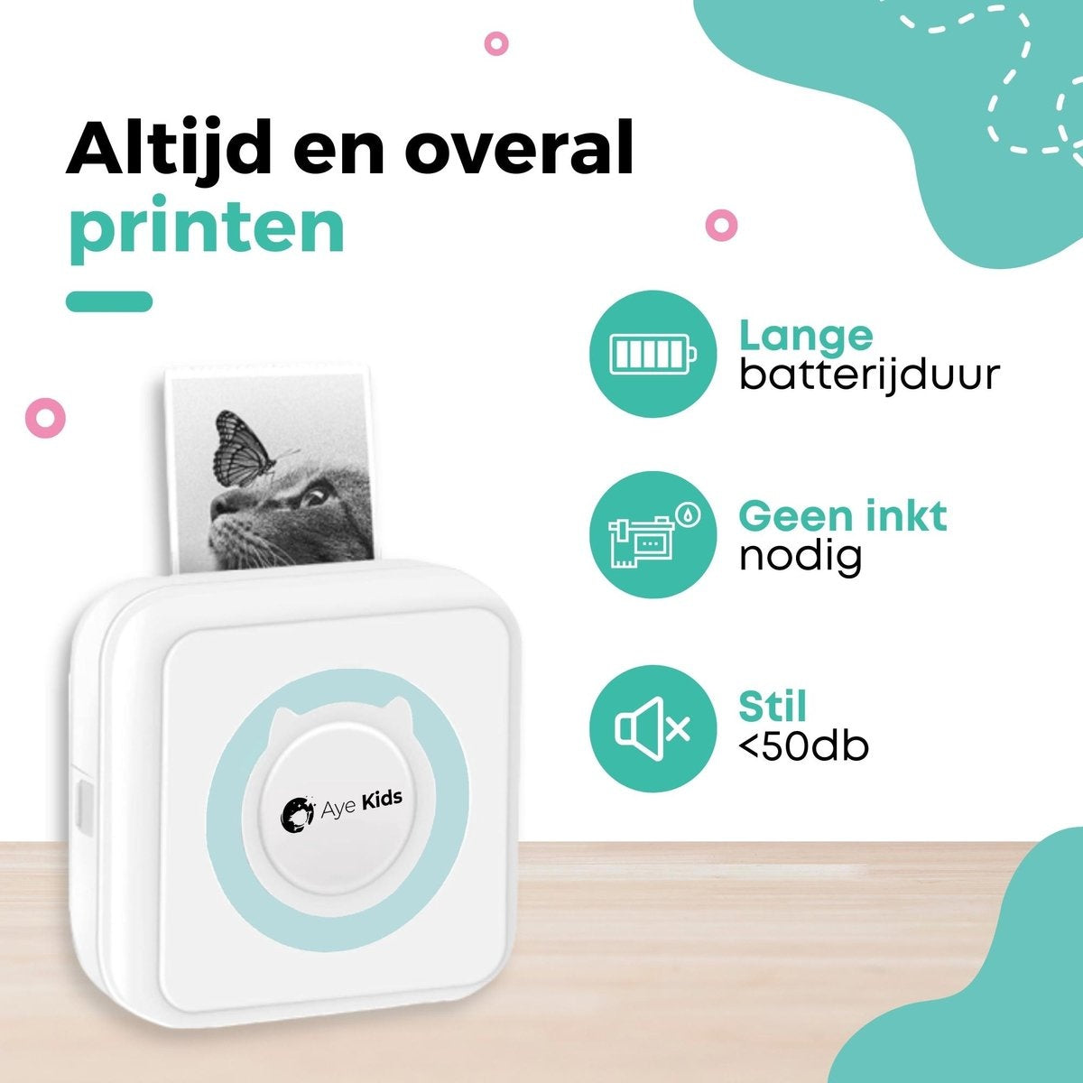 AyeKids Fotodrucker - Bluetooth - Kabellos - Inkl. 1 Rolle Fotopapier - Mini-Drucker - Taschendrucker - Blau
