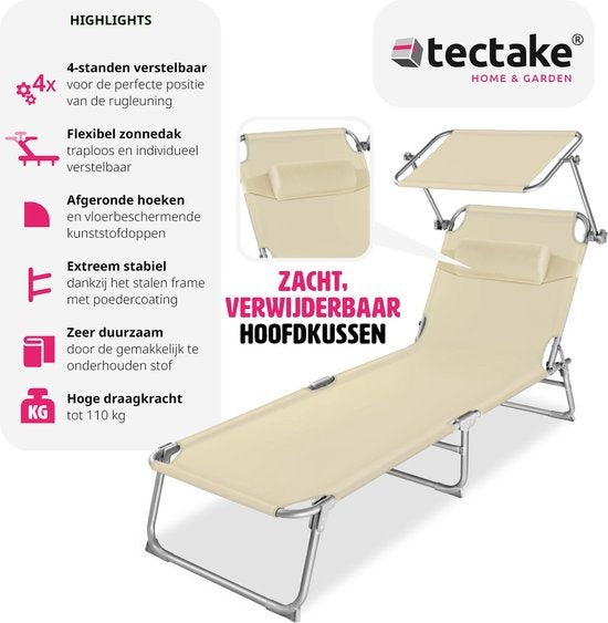 tectake - Liege, robust, verstellbar, Stahlgestell mit Sonnenschirm, 4-fach verstellbare Rückenlehne inklusive Kissen, Strandkorb Ideal für Garten, Pool, Camping- beige - 68 x 190 x 28 cm