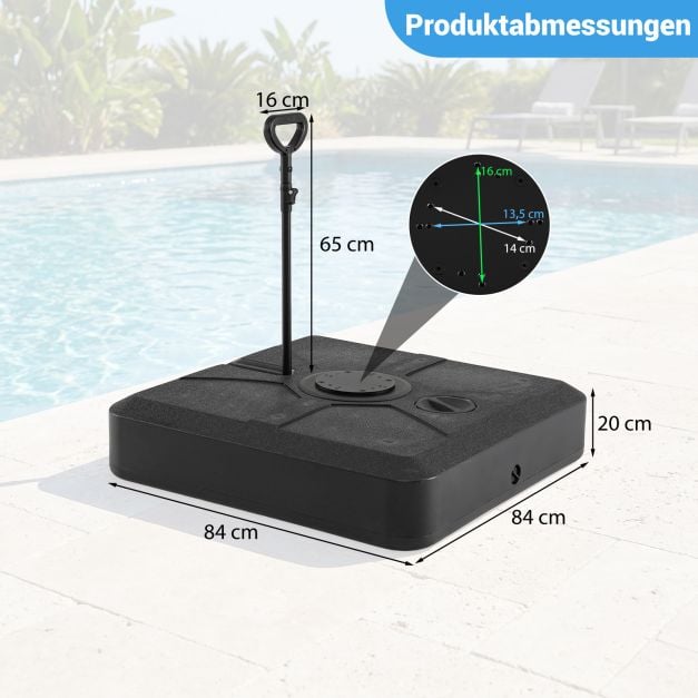 Coast Sonnenschirmständer 84 × 84 × 20 cm – Mobiler, befüllbarer Sonnenschirmständer für bis zu 150 kg mit 4 Rädern und ausziehbarer Zugstange – Schwarz