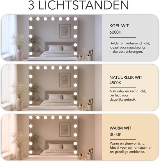 Lumirex Hollywood-Spiegel 58 x 46 cm – Make-up-Spiegel mit Beleuchtung – 15 LED-Lampen – dimmbar – 3 Lichtfarben – Smart Touch – Netzstrom – Visagie-Spiegel – Weiß