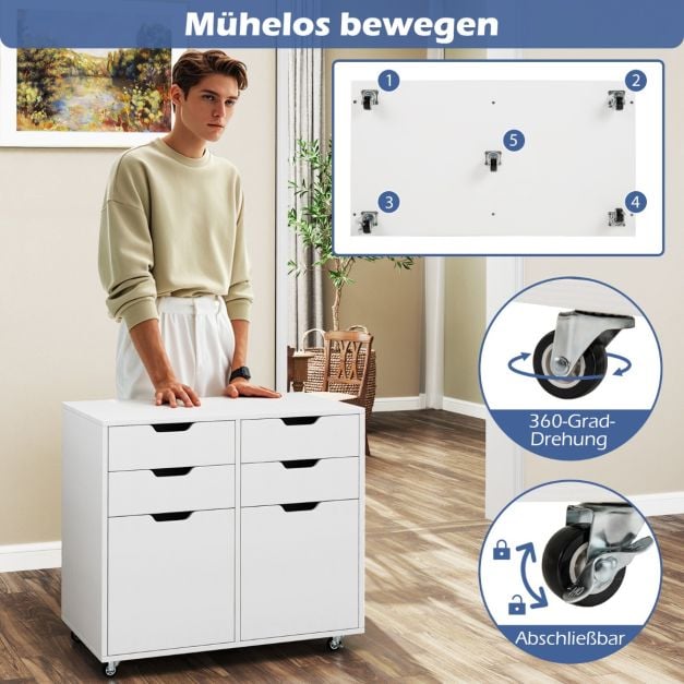 Coast Rollbarer Aktenschrank – 4 Schubladen und 2 Türen – 73 x 40 x 64,5 cm – Weiß