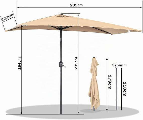 Angel Living Quadratischer Gartenschirm 2,5 x 1,3 m – Beige, Terrakotta, Creme oder Grau – UV-Schutz UPF 50+
