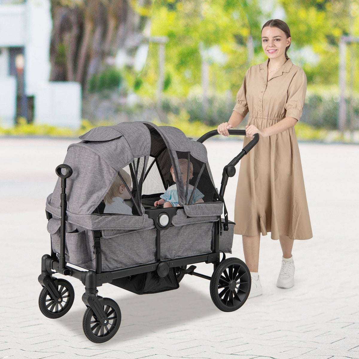 Coast 2-in-1 faltbarer Geschwisterwagen - Grau - 104 x 57 x 107 cm - Verstellbarer Griff & abnehmbares Verdeck