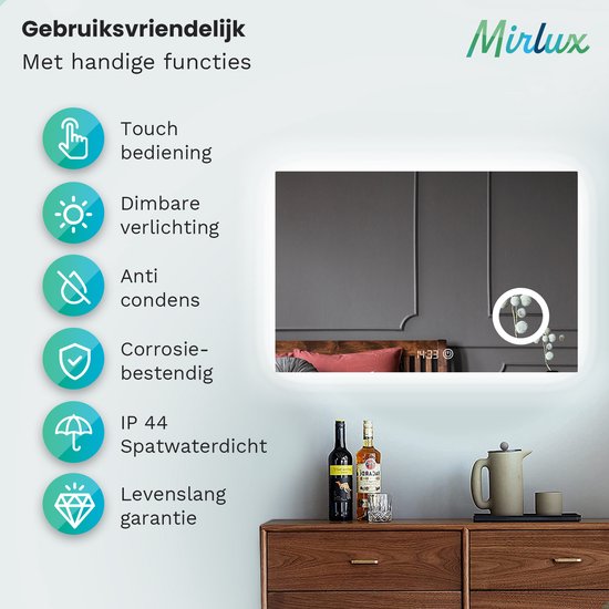 Mirlux Badezimmerspiegel mit LED-Beleuchtung & Heizung - Rechteckiger Wandspiegel - Anti-Kondensations-Duschspiegel - 120x80CM